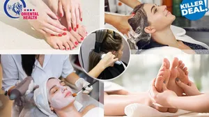 Killer Beauty Deal: Facial + Hair Spa + Blow-Dry Upper Lip & Eyebrow Waxing + Mani-Pedi + Foot Massage!