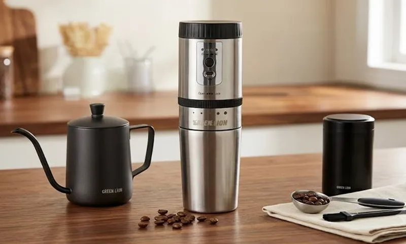 Green Lion Portable Coffee Maker Kettle Stainless Steel – Built-In Grinder | 250ml | USB-C Rechargeable!