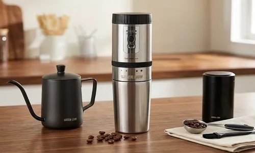 Green Lion Portable Coffee Maker Kettle Stainless Steel – Built-In Grinder | 250ml | USB-C Rechargeable!