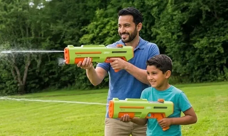 Green Lion Dual-Nozzle Water Gun – Electric & Manual Modes | 10m Range | 680ml Tank!