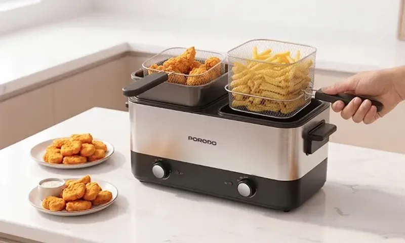 Porodo Lifestyle Dual Crispo Dual Basket Electric Deep Fryer – 2× 1.5L | 1800W | 130–190°C | Dishwasher-Safe!