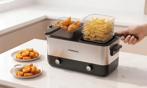Porodo Lifestyle Dual Crispo Dual Basket Electric Deep Fryer – 2× 1.5L | 1800W | 130–190°C | Dishwasher-Safe!
