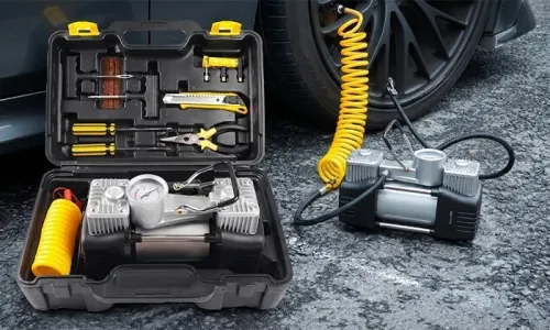 12V Double Cylinder Air Compressor Kit - 150PSI | LED Light | Tire Repair Tools | Carry Case Included!