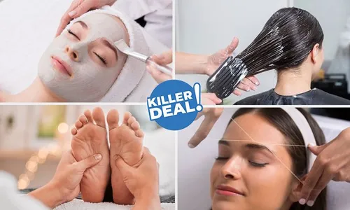 Killer Beauty Deal: Express Facial + Deep Conditioning Hair Mask & Blow-Dry + Upper Lip & Brow Threading + Manicure with Color + 10min Hand & Foot Massage!