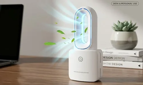 Bladeless Desk Fan - LED Lights | 4 Speed | USB Charging | Safe for Kids!