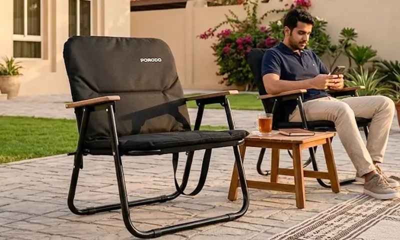 Porodo Lifestyle Outdoor Folding Cushioned Chair – 150kg | Beech Wood Armrests | 600D Oxford!