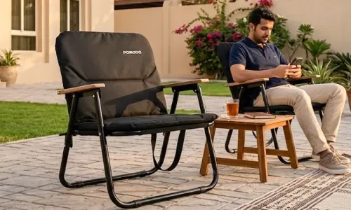 Porodo Lifestyle Outdoor Folding Cushioned Chair – 150kg | Beech Wood Armrests | 600D Oxford!