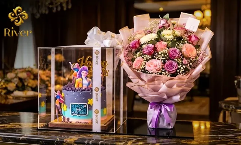 Cake & Fresh Flower Arrangement from River Chocolates, Cakes & Flowers!